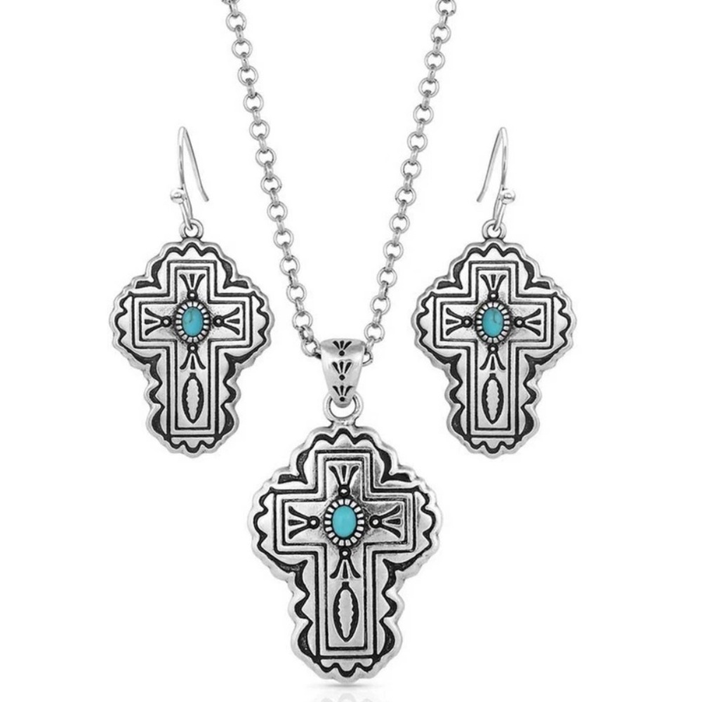 NEW Montana Silversmiths Cathedral Turquoise Silver Cross Set Western Cross